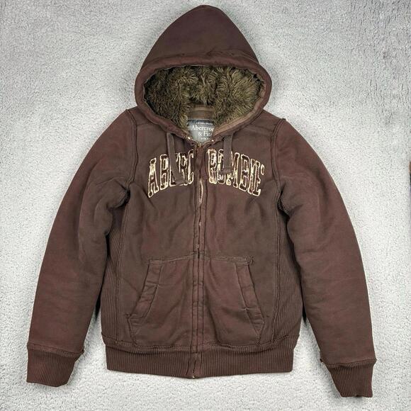 Vintage Abercrombie & Fitch Hoodie Men’s Small Brown Zip Up Wolf Jaw Lined Y2K - Picture 1 of 8